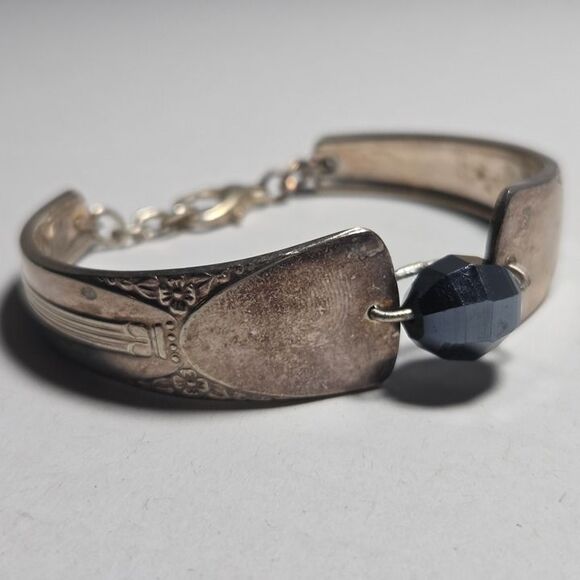 Vintage Spoon Handle Bracelet Hematite Bead Floral Detail - Picture 1 of 9